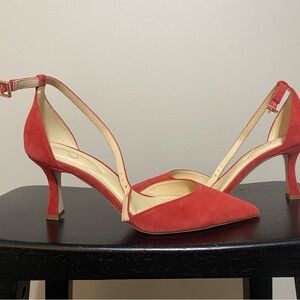 Jessica Simpson Red Suede Pointed T-Strap Mid Heels
